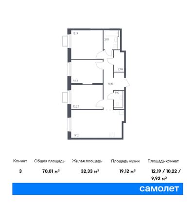 70 м², 3-комн. квартира, 23/24 этаж