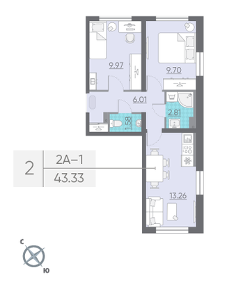 Продажа 2-комнатной квартиры 43,3 м², 1/21 этаж