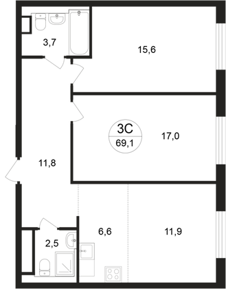 69,1 м², 3-комн. квартира, 4/9 этаж