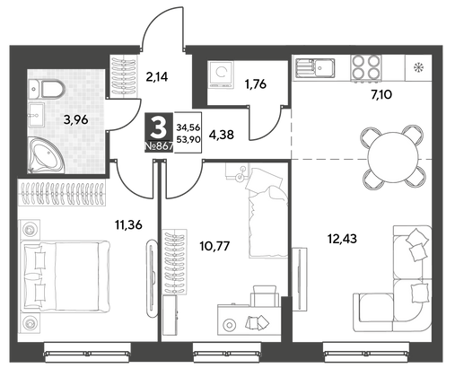 Продажа 3-комнатной квартиры 53,9 м², 22/25 этаж