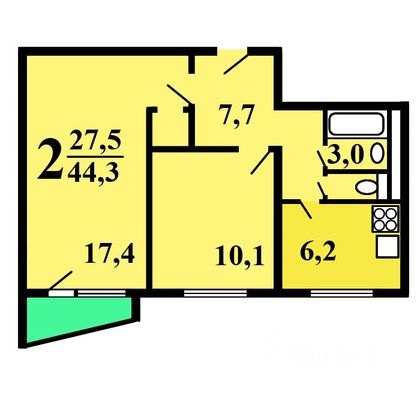 Продажа 2-комнатной квартиры 44,3 м², 2/12 этаж