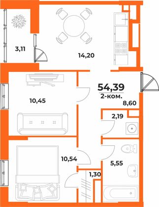 54,4 м², 2-комн. квартира, 2/10 этаж