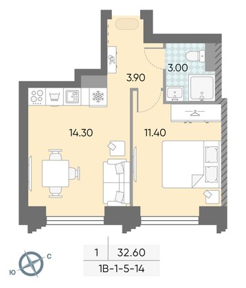 Продажа 1-комнатной квартиры 32,6 м², 12/58 этаж