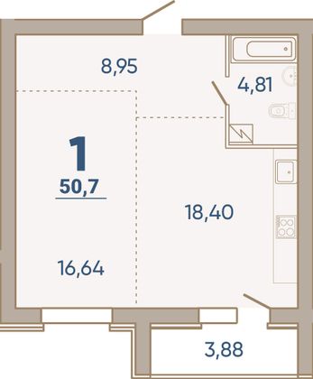 50,7 м², 1-комн. квартира, 3/7 этаж