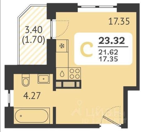 Продажа квартиры-студии 23,3 м², 5/9 этаж