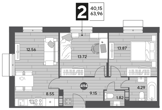 Продажа 2-комнатной квартиры 64 м², 5/15 этаж