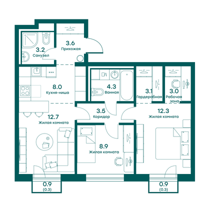 63,2 м², 3-комн. квартира, 6 этаж