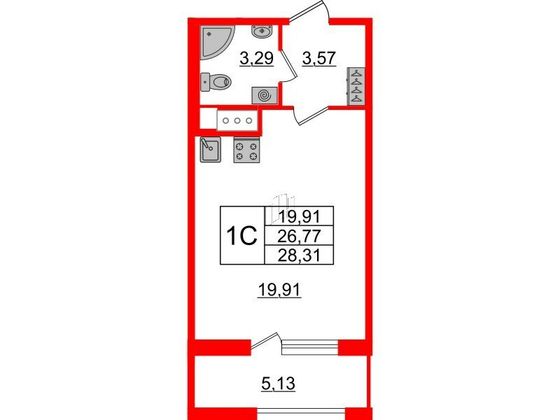 Продажа квартиры-студии 26,8 м², 6/12 этаж