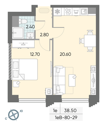 Продажа 1-комнатной квартиры 38,5 м², 29/58 этаж