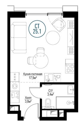 Продажа квартиры-студии 25,1 м², 5/30 этаж