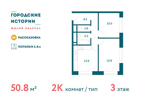 50,8 м², 2-комн. квартира, 3/19 этаж