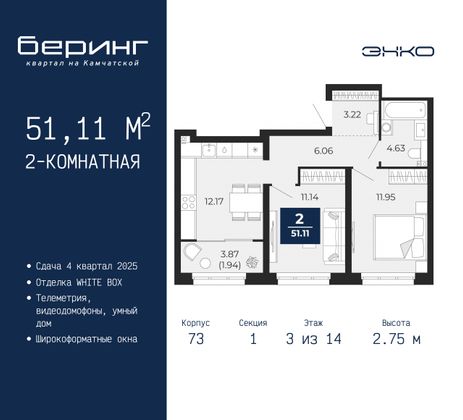 51,1 м², 2-комн. квартира, 3/14 этаж