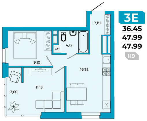 48 м², 3-комн. квартира, 16/20 этаж