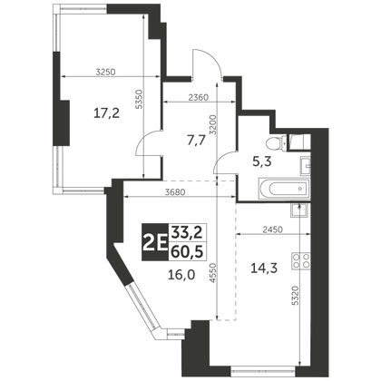 60,5 м², 2-комн. квартира, 33/47 этаж