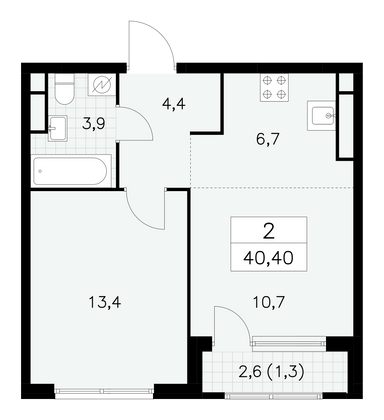 40,4 м², своб. планировка, 20/30 этаж