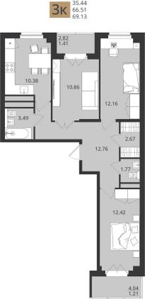 69,1 м², 3-комн. квартира, 4/16 этаж