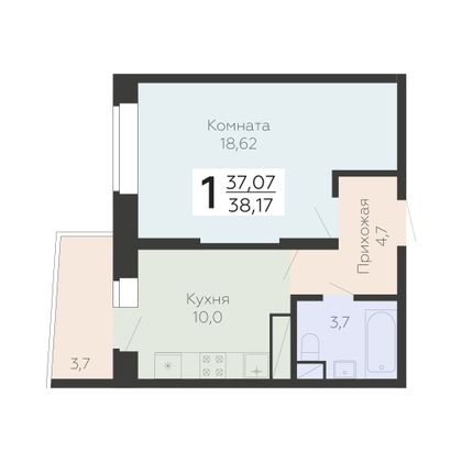 Продажа 1-комнатной квартиры 38,2 м², 6/22 этаж