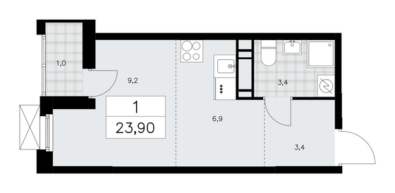 23,9 м², своб. планировка, 14/16 этаж