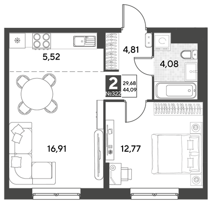 Продажа 2-комнатной квартиры 44,1 м², 18/25 этаж