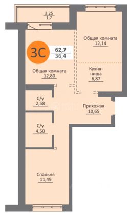 Продажа 3-комнатной квартиры 62,7 м², 3/25 этаж