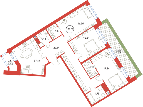 108,8 м², 3-комн. квартира, 12/12 этаж