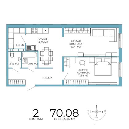 70,1 м², 2-комн. квартира, 2/18 этаж