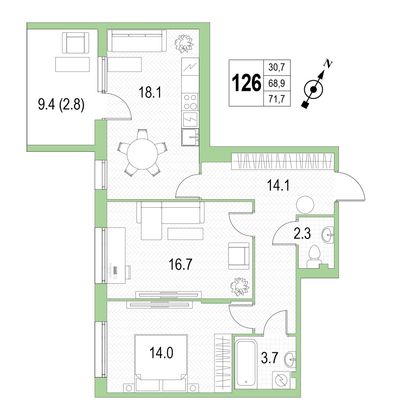 Продажа 2-комнатной квартиры 71,7 м², 2/4 этаж