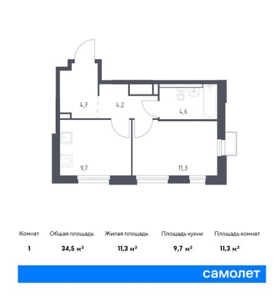 34,5 м², 1-комн. квартира, 12/25 этаж