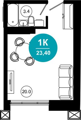 23,4 м², 1-комн. квартира, 2/10 этаж