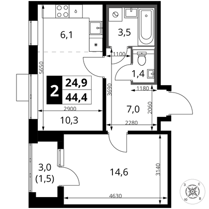 44,4 м², 2-комн. квартира, 5/16 этаж