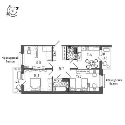 78,5 м², 3-комн. квартира, 3/8 этаж