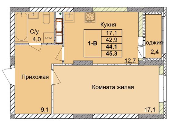 Продажа 1-комнатной квартиры 44,1 м², 9/18 этаж