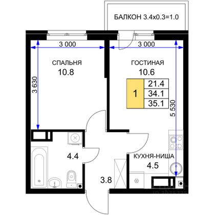 Продажа 1-комнатной квартиры 35,1 м², 16/16 этаж