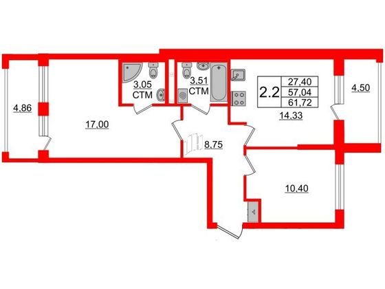 Продажа 2-комнатной квартиры 57 м², 2/4 этаж