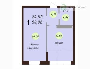 Продажа 1-комнатной квартиры 52,3 м², 2/24 этаж