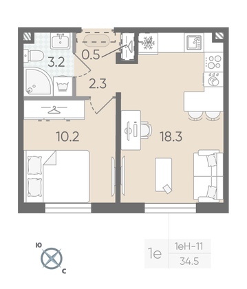 Продажа 1-комнатной квартиры 34,5 м², 1/22 этаж