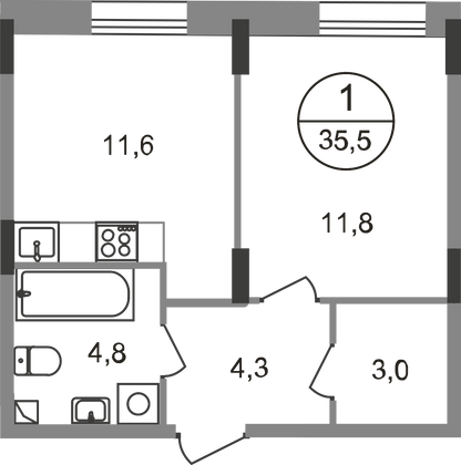 35,5 м², 1-комн. квартира, 1/9 этаж