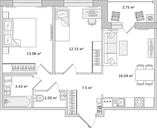 56,5 м², 2-комн. квартира, 8/17 этаж