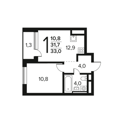 33 м², 1-комн. квартира, 6/9 этаж