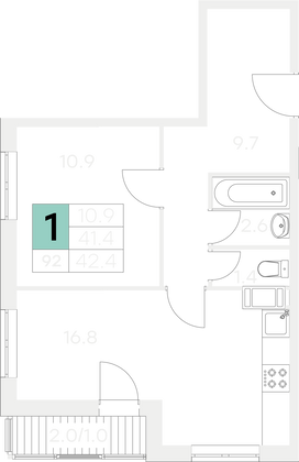 Продажа 1-комнатной квартиры 42,4 м², 8/9 этаж
