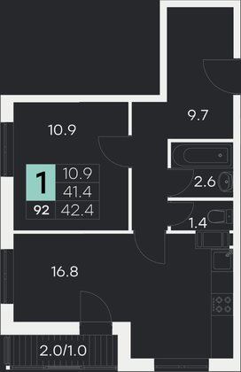 42,4 м², 1-комн. квартира, 8/9 этаж