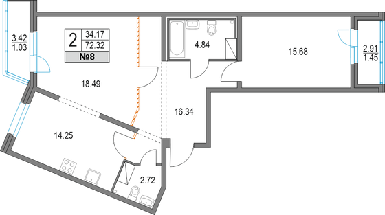 72,3 м², 2-комн. квартира, 3/19 этаж