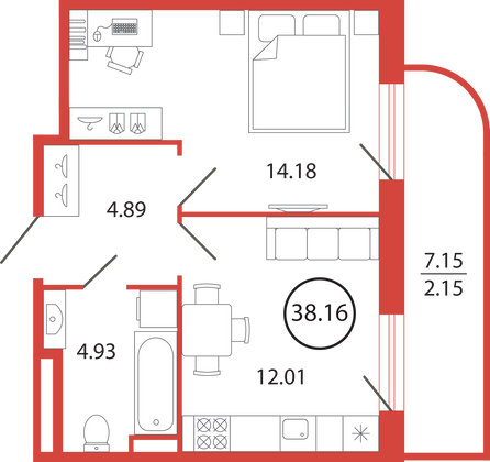 38,2 м², 1-комн. квартира, 2/12 этаж