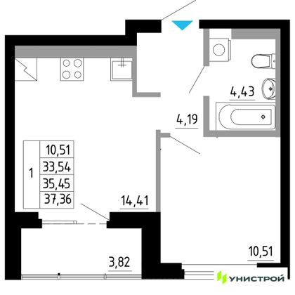 35,5 м², 1-комн. квартира, 12/27 этаж