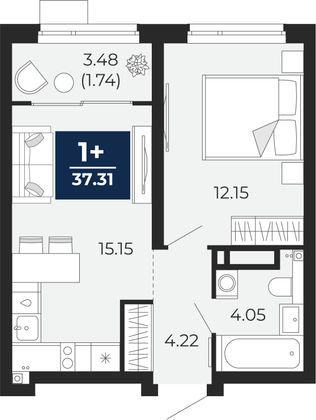 37,3 м², 1-комн. квартира, 13/22 этаж