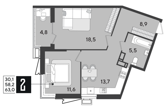 Продажа 2-комнатной квартиры 63 м², 18/18 этаж