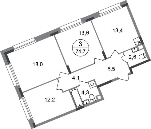 74,7 м², 3-комн. квартира, 1/17 этаж