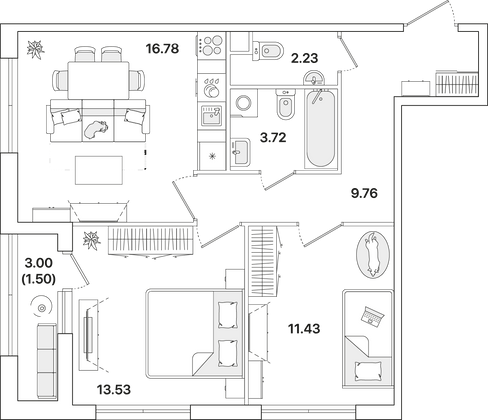 59 м², 2-комн. квартира, 1/12 этаж