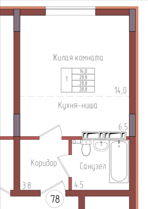 28,8 м², 1-комн. квартира, 1/9 этаж