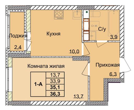 Продажа 1-комнатной квартиры 35,1 м², 7/18 этаж